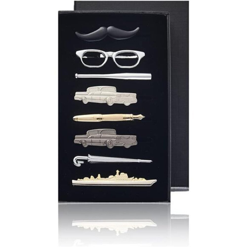 Tie Clip Set 8PC Silver Gold Black Grey Novelty